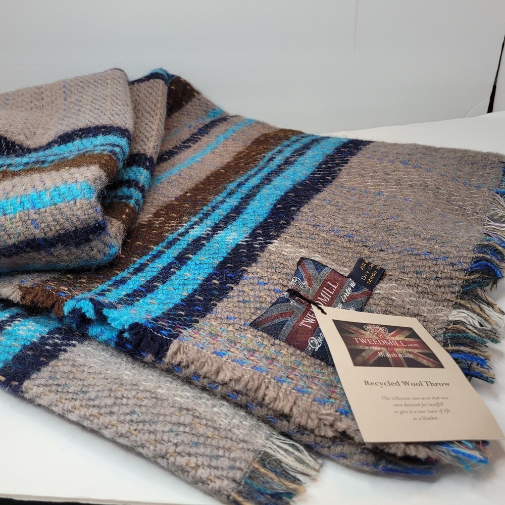TWEEDMILL Recyled Wool Gray/Blue/Brown Stripe Blanket Throw ‎ 72"x60"